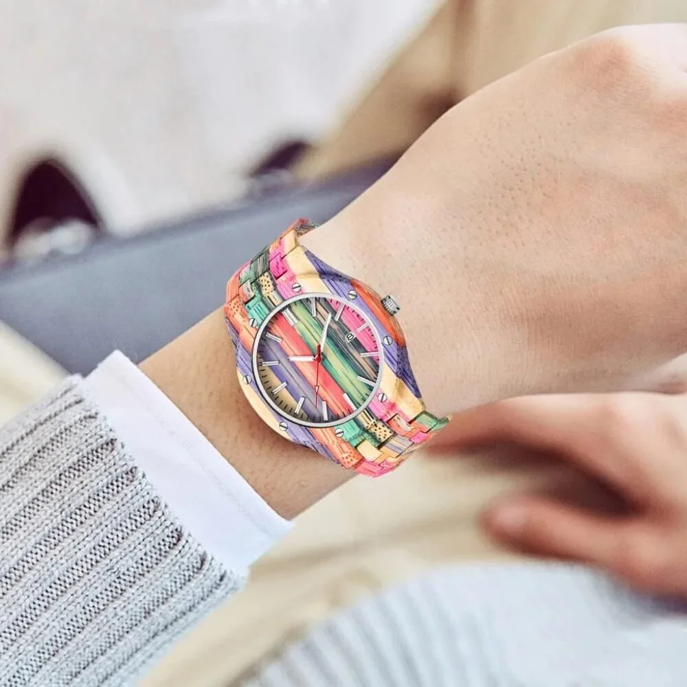 Men's Pink Purple Handmade Colorful Bamboo Engraved Analog Quartz Wooden Watch